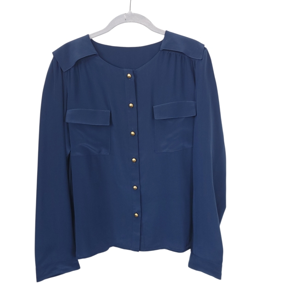 Hunter Dixon Navy Silky Blouse Gold Buttons Utility Pocket Top Size L Office‎ - Picture 3 of 11